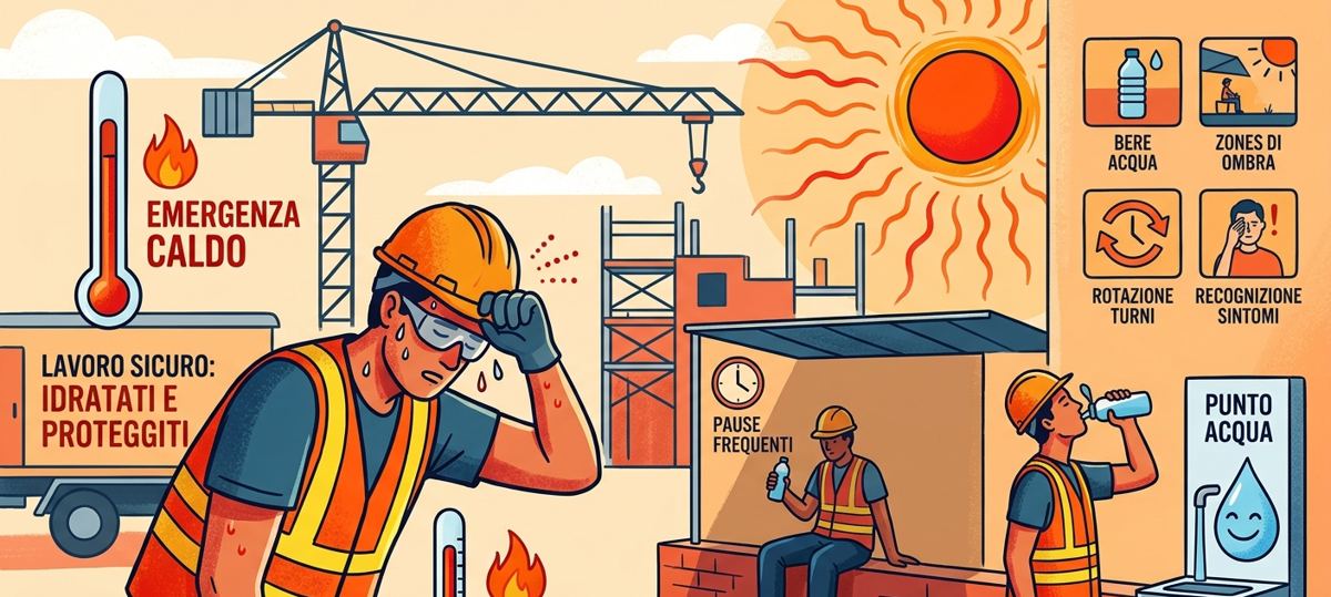 Illustrazione: lavoratori in cantiere si proteggono dal caldo con acqua, ombra e pause