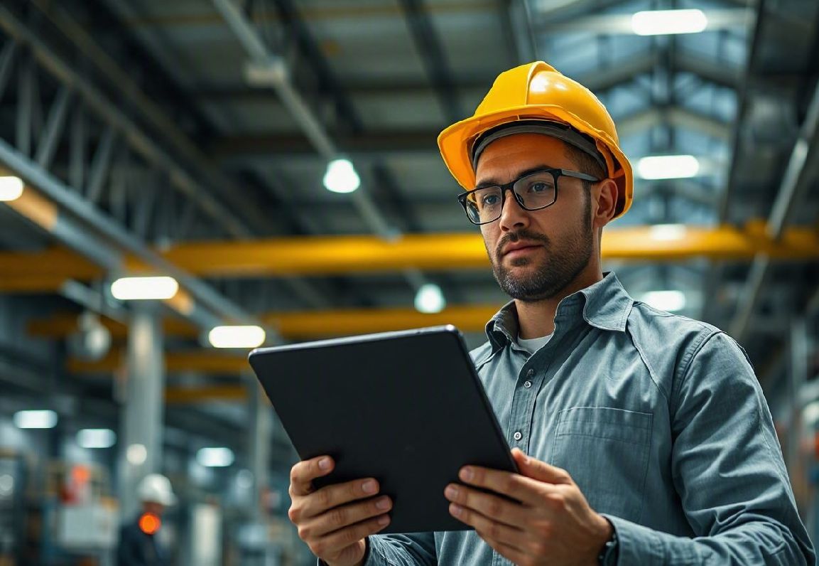 Tecnico con casco e tablet consulta i documenti di cantiere