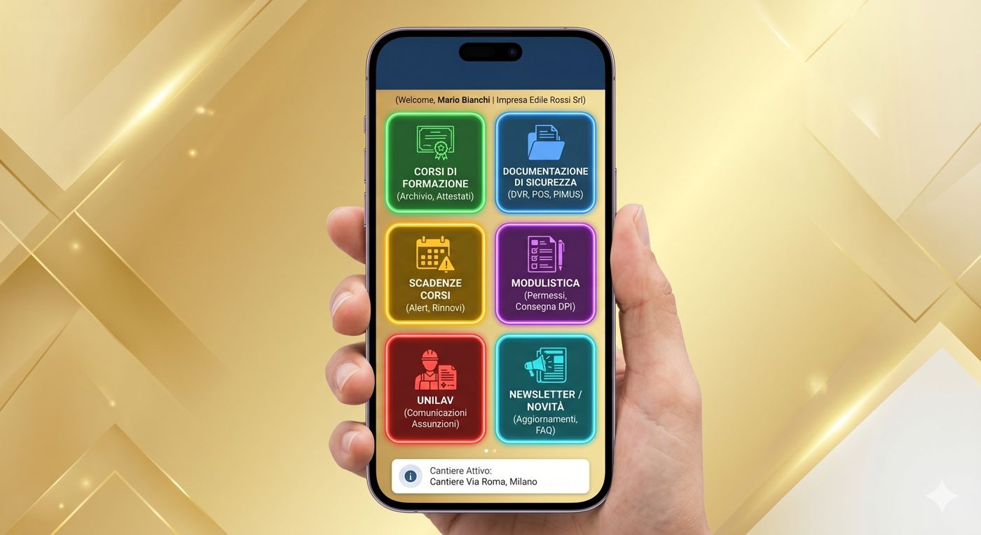 L'app Safety Gold Portal su smartphone con le sezioni corsi, documenti, scadenze, modulistica, UniLav e newsletter